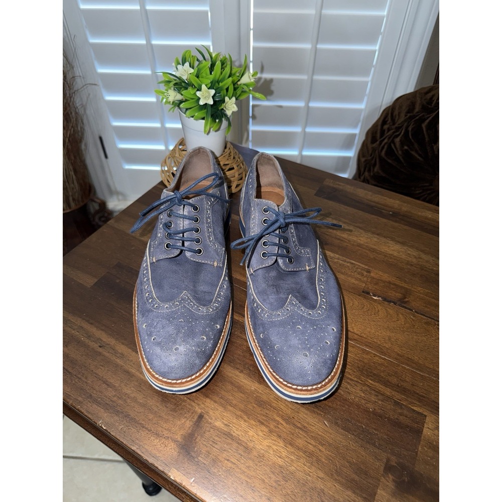 Donald J Pliner Shoes Mens 9 M Blue Suede Oxford Wingtip Contrast Stitch Laces